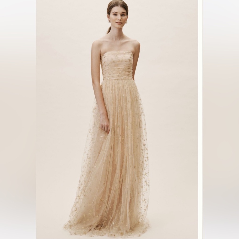 NWOT BHLDN x Joanna August Brenda Star Strapless Midi Dress 0 Gold Tulle